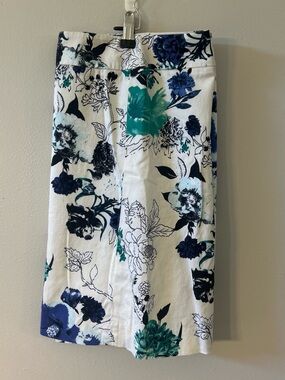 LOFT White Pencil Skirt with Navy & Teal Floral Print